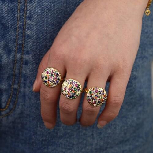 Big round disco disk charm cocktail rainbow colorful engagement ring Gold filled 2019 new jewelry