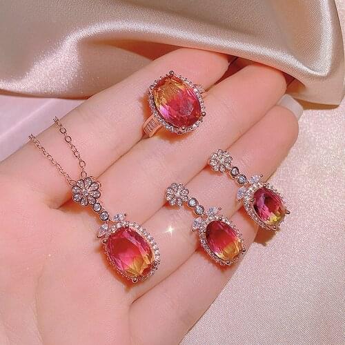 Chic Colorful Red Crystal Ruby Citrine Gemstones Diamonds Jewelry Sets for Women Pendants Earrings Rings Party Accessories Gifts