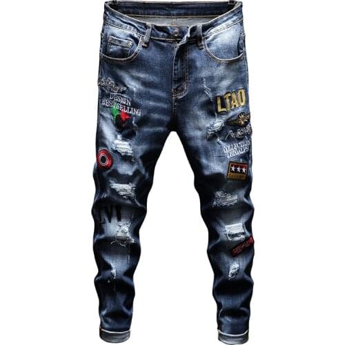 New style Mens summer personality jeans hole patch embroidery jeans stretch European American tide pants trousers