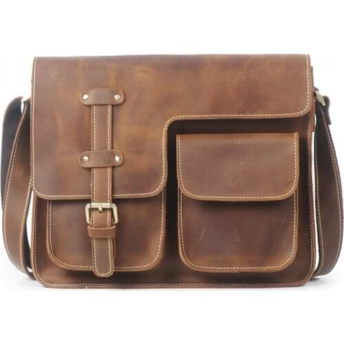 Nesitu A4 Brown Thick Genuine Crazy Horse Leather Men Messenger Bags Cross Body Shoulder Bag High Quality Vintage M3351