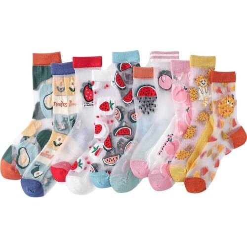 1 Pair Summer Socks Womens Mesh Thin Casual Creative Transparent Trend Cute Fruit Pink Peach Print Ultrathin Glass Silk Socks