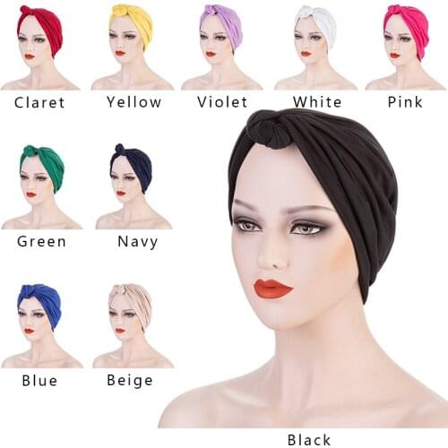 New Product Ladies Solid Color Indian StylePure Cotton Bohemian Twisted Muslim Turban Hat Islamic Headdress Clothing