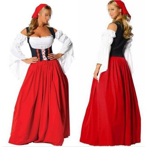 Halloween Party clothing French Maid costume dress LONG Red Oktoberfest Beer Maid Peasant Dress Costume German Wench