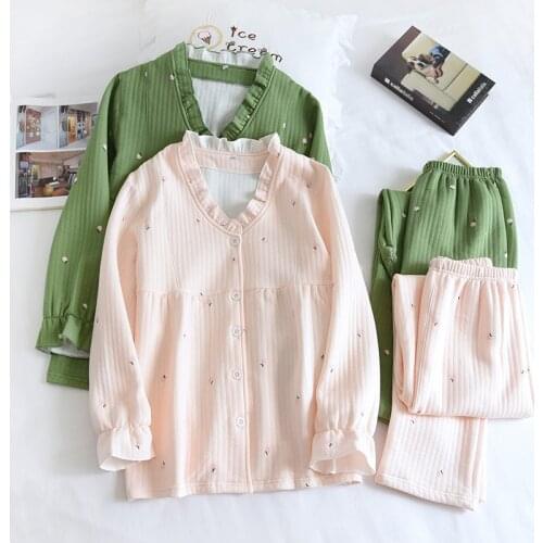 Fdfklak Autumn Winter New Warm Air Cotton Interlayer Pajamas Thicken Pure Cotton Pyjama Long-Sleeved Sleepwear Set Women