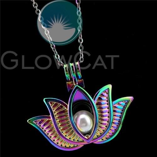 R-C846 Rainbow Colors 37mm Lotus Flower Beads Cage Pendant Essential Oil Diffuser Aroma Pearl Cage Locket Necklace