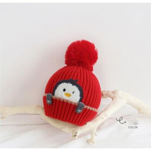 Wool Childrens Hoods For Men And Women Baby Hair Balls Cartoon Little Penguin Knit Winter Winter Warm Hats Hot New2021