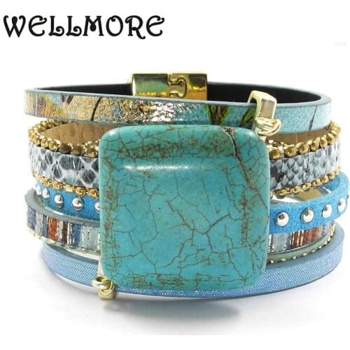 Blue leather bracelet stone charm bracelets magnet buckle Bohemian bracelets boho bracelets & bangles B161001