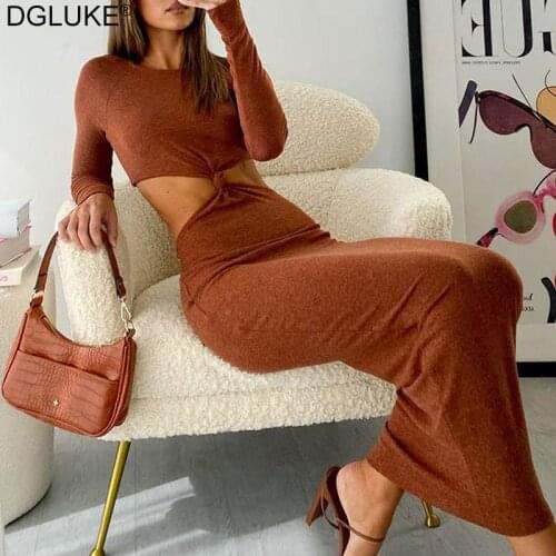 Sexy Cut Out Long Sleeve Maxi Dresses For Women Elegant Bodycon Long Party Dress Outfit Fashion Knitted Boho Dresses