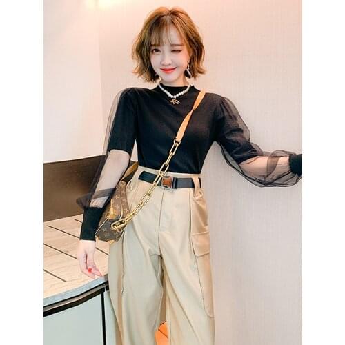 Half high neck stitching light and thin see-through mesh sleeves Slim fashionable bottoming shirt Womens 2020 autumn new