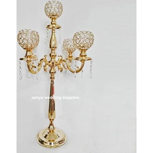 Tall 5-arms shiny silver or gold metal Candelabras, Crystal Candle Holder, wedding Centerpiece, Home decoration senyu0840