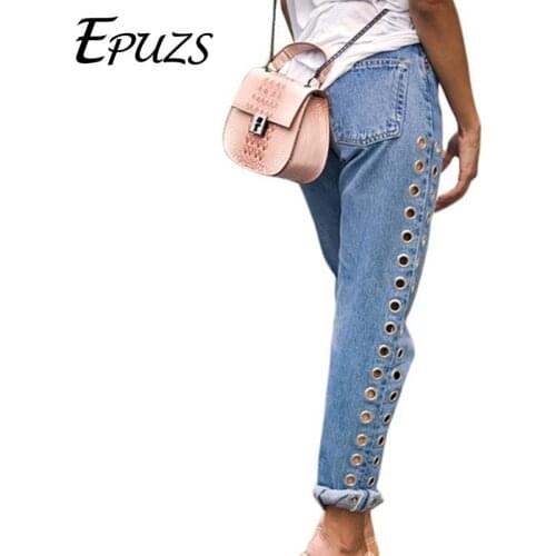 Fashion Rivets Ripped High Waist Jeans Woman Straight Eyelet Boyfriend Denim Pants Street cotton punk rock Women Jeans 2019