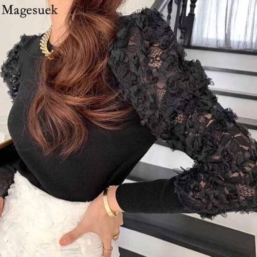 2021 New Autumn Lace Womens Sweater Casual O Neck Long Sleeve Knitted Sweater Blouse Winter Flower Lace Pullover Sweater 16708