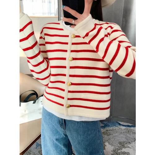 Women and Men Knitted Sweater Long Sleeve Striped Loose Autumn Female Knitwear Turn-down Collar Tops