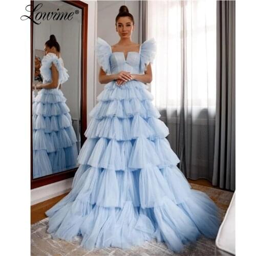 Sky Blue Prom Dresses 2021 Custom Made Tiered Party Long Gowns For Women A Line Plus Size Arabic Evening Dress Robe De Soiree