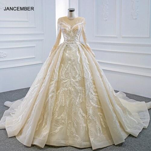 J66874 JANCEMBER New Long Sleeves Wedding Dress 2020 Ball Gown O Neck Lace Up Back Beaded Sequined Elegant Dress Robe de mariée