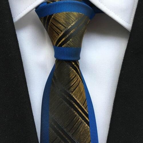 2021 Mens Ties Jacquard Woven Necktie Blue Border with Golden Striped Fashion Cravates