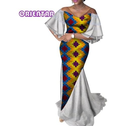 African Dresses for Women Traditional African Print White Lace Floor-length Wedding Dress Lady Elegant Long Dresses WY4346
