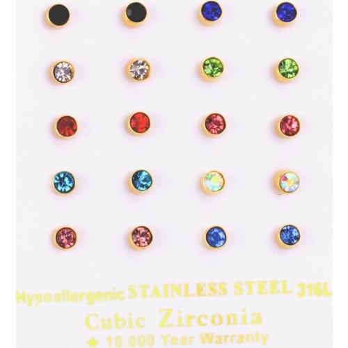 ASONSTEEL Colorful Cubic Zirconia Stone Dangler 10pairs/Card Stainless Steel Stud Earring Fashion Jewlrty