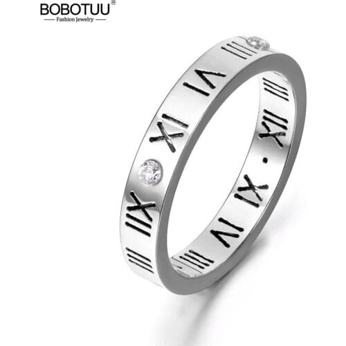 BOBOTUU Roman Numerals Ring Jewelry For Women Rose Gold/Gold/Silver Color Stainless Steel Cubic Zirconia Wedding Rings BR17158