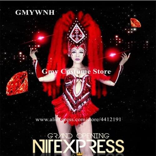 CC77 Party red feather headdress female sexy Rhinestone bodysuit singer perform dress stage costumes bar clothes rave outfits ds