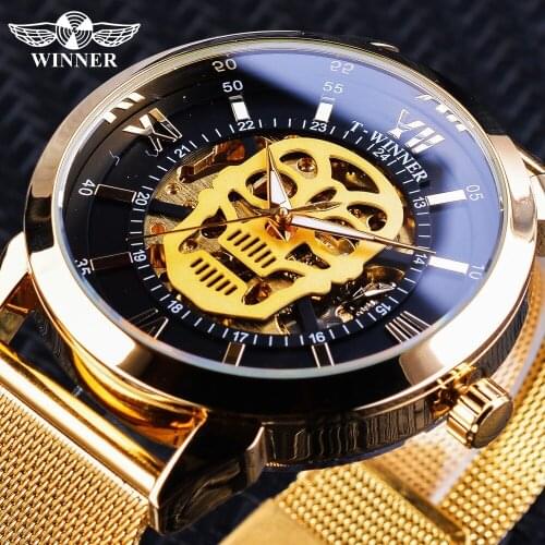 Fashion Winner Top Brand Ultra Thin Luxury Golden Men Mechanical Watches Mesh Strap Skeleton Dial Classic Business Wristwatch