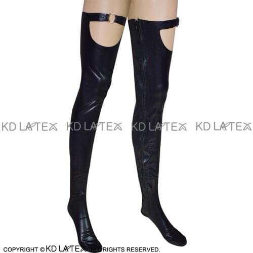 Black Sexy Long Latex Thigh High Stockings With Ring And Zipper Long Rubber Stockings WZ-0016