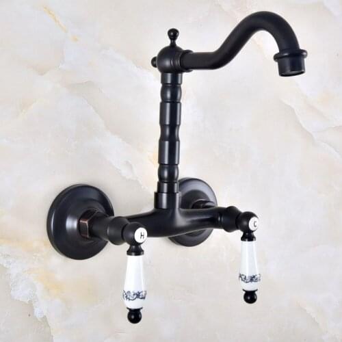 Black Oil Rubbed Bronze Bathroom Kitchen Sink Faucet Mixer Tap Swivel Spout Wall Mounted Double Handles mnf833