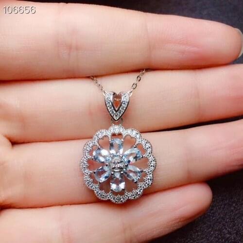 Flower Type Real and Natural Aquamarine necklace pendant Free shipping 925 sterling silver Fashion Aquamarine Pendant