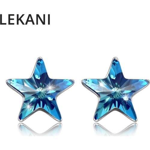 Classic Crystals From Swarovski Blue Star Stud Earrings Piercing 925 Silver Fine Jewelry For Women Wedding Girls Gift
