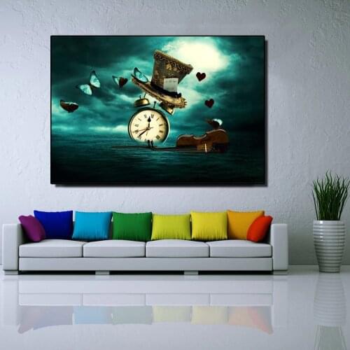 Creative picture clock violin butterfly hat surrealism home decoration canvas painting melting clock modern wall art poster