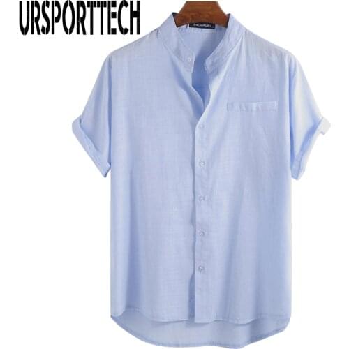 URSPORTTECH 2020 Summer Mens Shirt Casual Breathable Short Sleeve Shirts Men Fashion Beach Loose Stand Collar Thin Tops Blouse