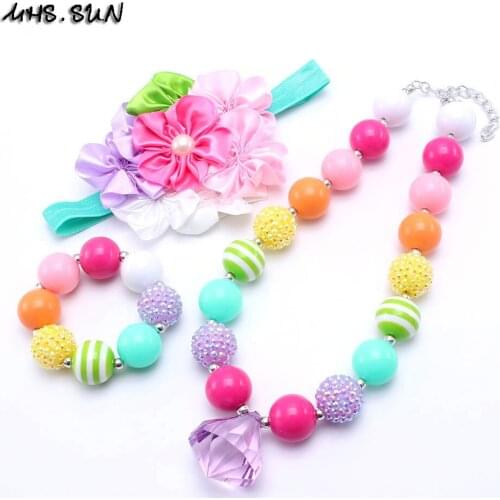 MHS.SUN Rainbow Color Chunky Jewelry Set For Child/Kids/Girls Chunky Beads Necklace Bracelets Flower Hairbands Charming Design