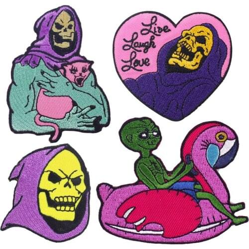 Cartoon He-Man Embroidery Patches Punk Skeletor Iron on Appliques Live Laugh Love Skull Badges Thermo Stickers for Clothes Patch