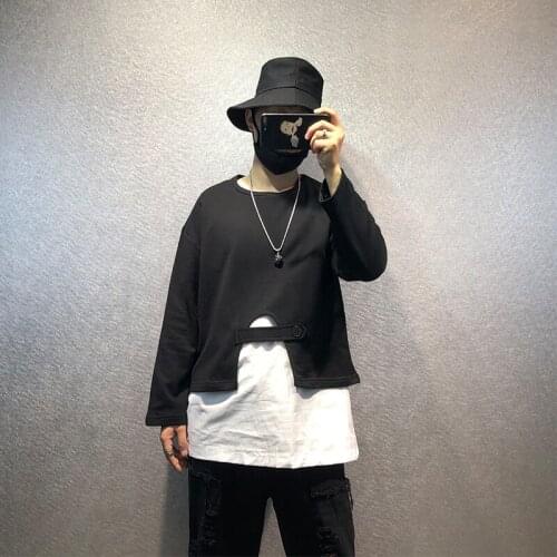 Autumn original personality fake two-piece splicing loose long-sleeved trend color contrast mid-length wild tide brand t