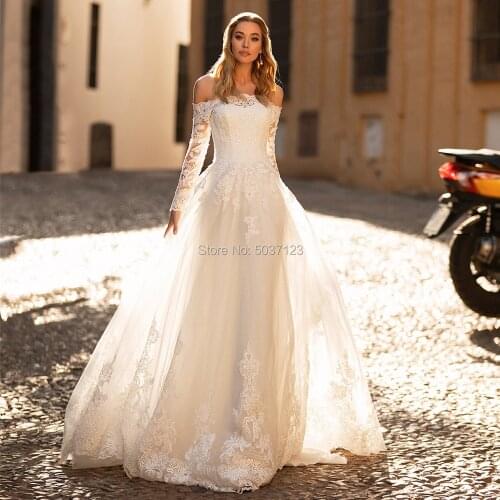 Off the Shoulder A Line Long Sleeves Wedding Dresses 2021 Elegant Lace Appliques Floor length Boho Wedding Gowns Vestido Noiva