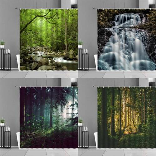 Modern Forest Waterfall Shower Curtains Green Plant Tree Landscape Bath Curtain With Hooks For Bathroom Waterproof Cloth Scenery