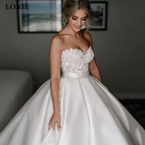LORIE Princess Wedding Dresses Satin Sweetheart Lace Wedding Bridal Gowns Long Train Ivory Wedding Ball Gown