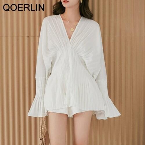 QOERLIN Vintage White Pleated Blouse Women Flare Long Sleeve Deep V Neck Dresses Female Fashion Clothes Long White Blouse Girls