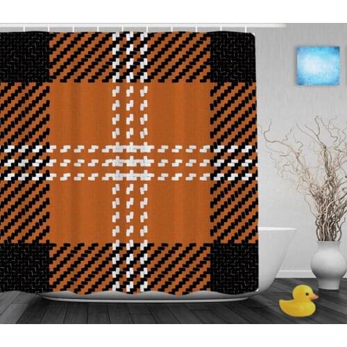 Vintage Orange Black Grid Shower Curtain Knitting Pattern Prints Decor Shower Curtains Waterproof Polyester Fabric With Hooks