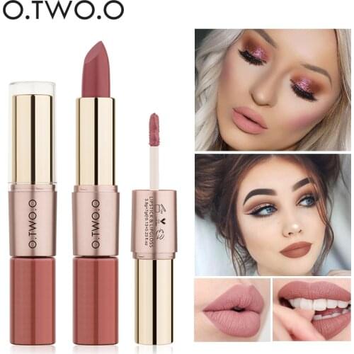 O.TWO.O 2 In 1 Waterproof Matte Lipstick Lip Gloss Long Lasting Moisturizer Lips Makeup Cosmetic Matt Red Nude Lipsticks 12Color