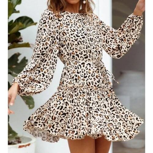 Za 2020 Vintage Women Dress Leopard Print Ruffles Mini Dress Long Sleeve Sashes Loose Dresses Fashion Female Elegant Vestidos