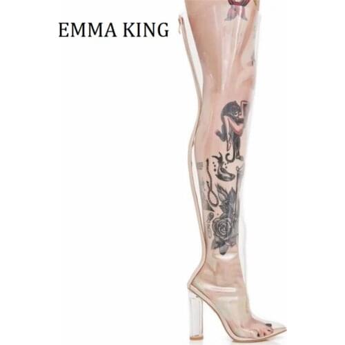 Women Transparent Thigh High Boots Female Clear PVC Over The Knee Boots Point Toe High Heel Summer Woman Botas De Mujer 2021