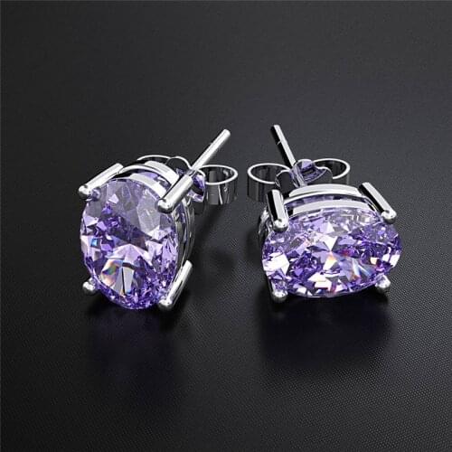 Cute Boho Female Purple Oval Zircon Stud Earring Silver Color Wedding Jewelry Simple Crystal Zircon Double Earrings For Women