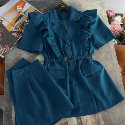 Womens Ruffle Shoulder Two Pieces Suits Set Office Lady Elegant Summer Short Sleeve Single Breasted Blouse + Shorts 6281042