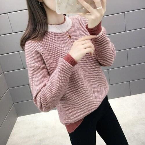 H9561 Women Sweater Autumn Winter Female Korean Loose Round Collar Warm Knitted Bottoming Pullover Student Plaid Jumper Tops