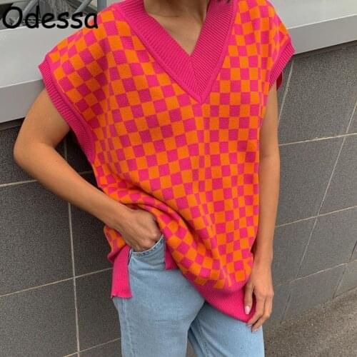 Odessa Women Oversized Plaid Patchwork Sweater Vest Winter Fall Stylish Sleeveless Casual Loose Y2K Black Knit Checked Pullover