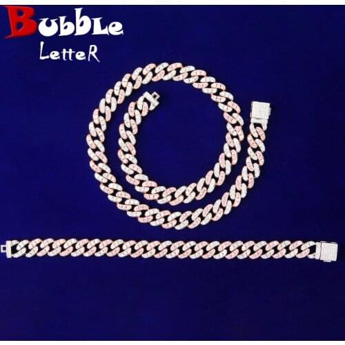 10MM Cuban Pink Silver Color Bracelet Jewelry Sets Hip Hop Women