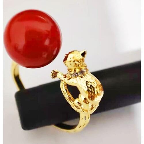 1pcs,17mm,Zircon Cat Beaded Ring,24K Gold Color Plated Brass,Inlaid with Shell Pearls,,Function Modern Jewelry for Women