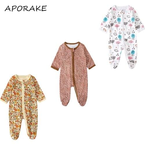 2020 0-12M Newborn Baby Boy Girl Wrap foot Romper Sleepwear Cartoon Flower Print Zipper Long Sleeve Jumpsuit One Piece Outfit