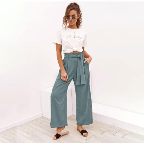 2021 Solid Color Womens Cotton and Linen Wide-leg Pants Summer Loose Breathable Casual Long Pants Korean Style Y2k Pants Linen